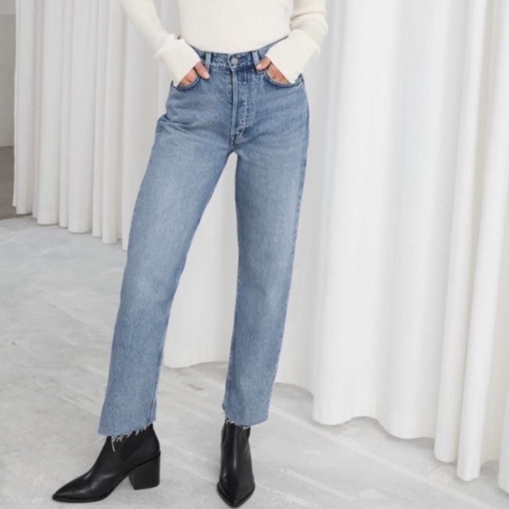 & Other Stories Wide Leg Jeans Denim High Rise Raw Hem Casual Minimalist Blue - Picture 13 of 13